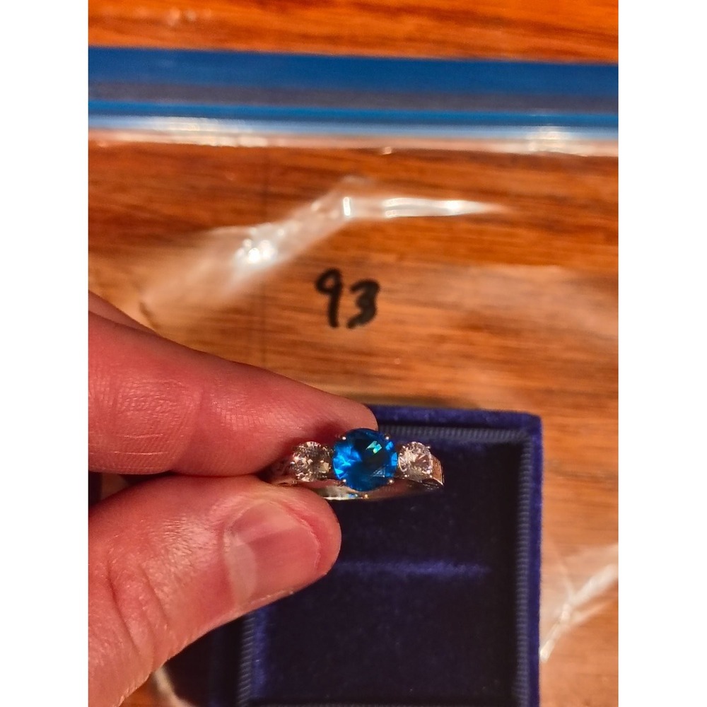 925 Blue & Clear CZ Three Stone Filigree Ring Womens Size 9 prong set stones
